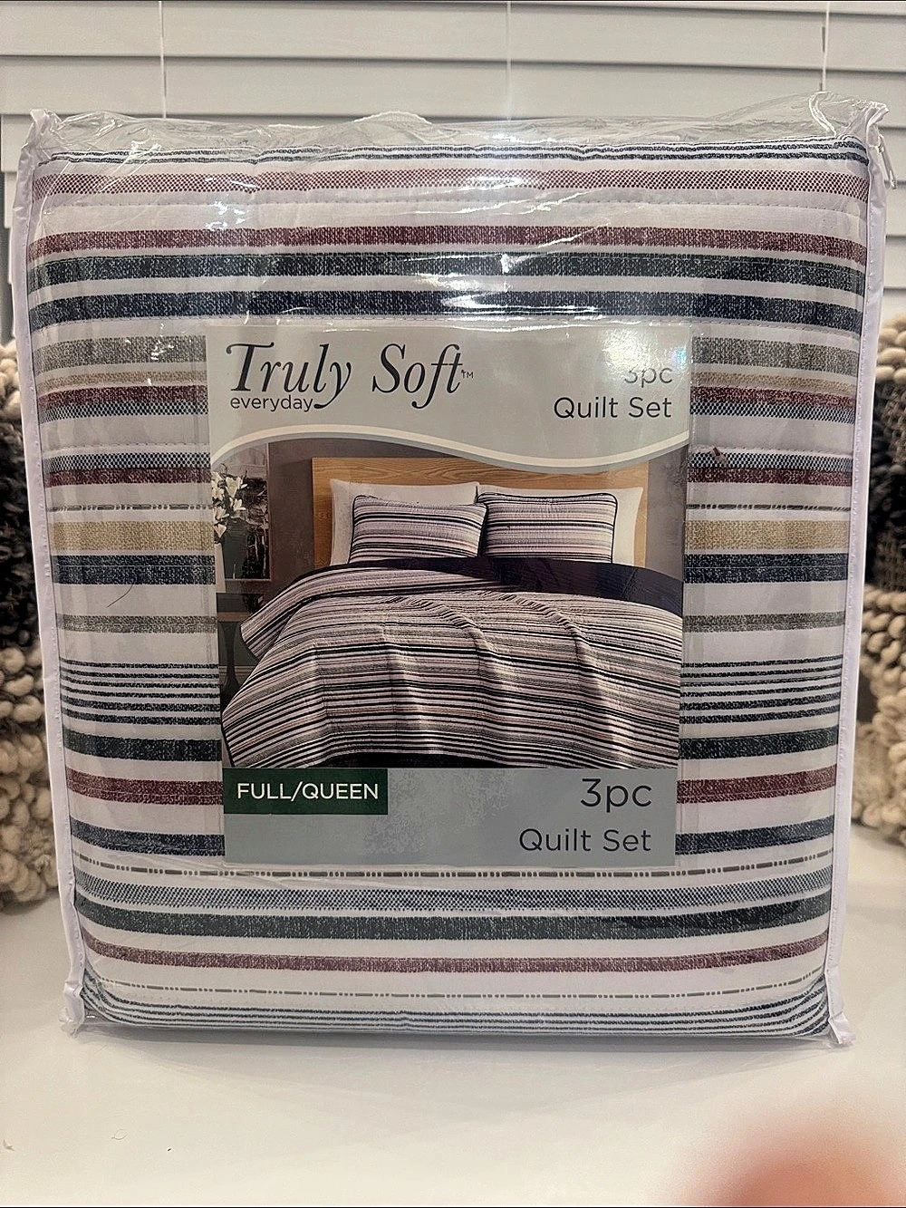 Full/Queen Quilt Set Truly Soft Everyday Multi Stripe White & Blue, Burgundy & K